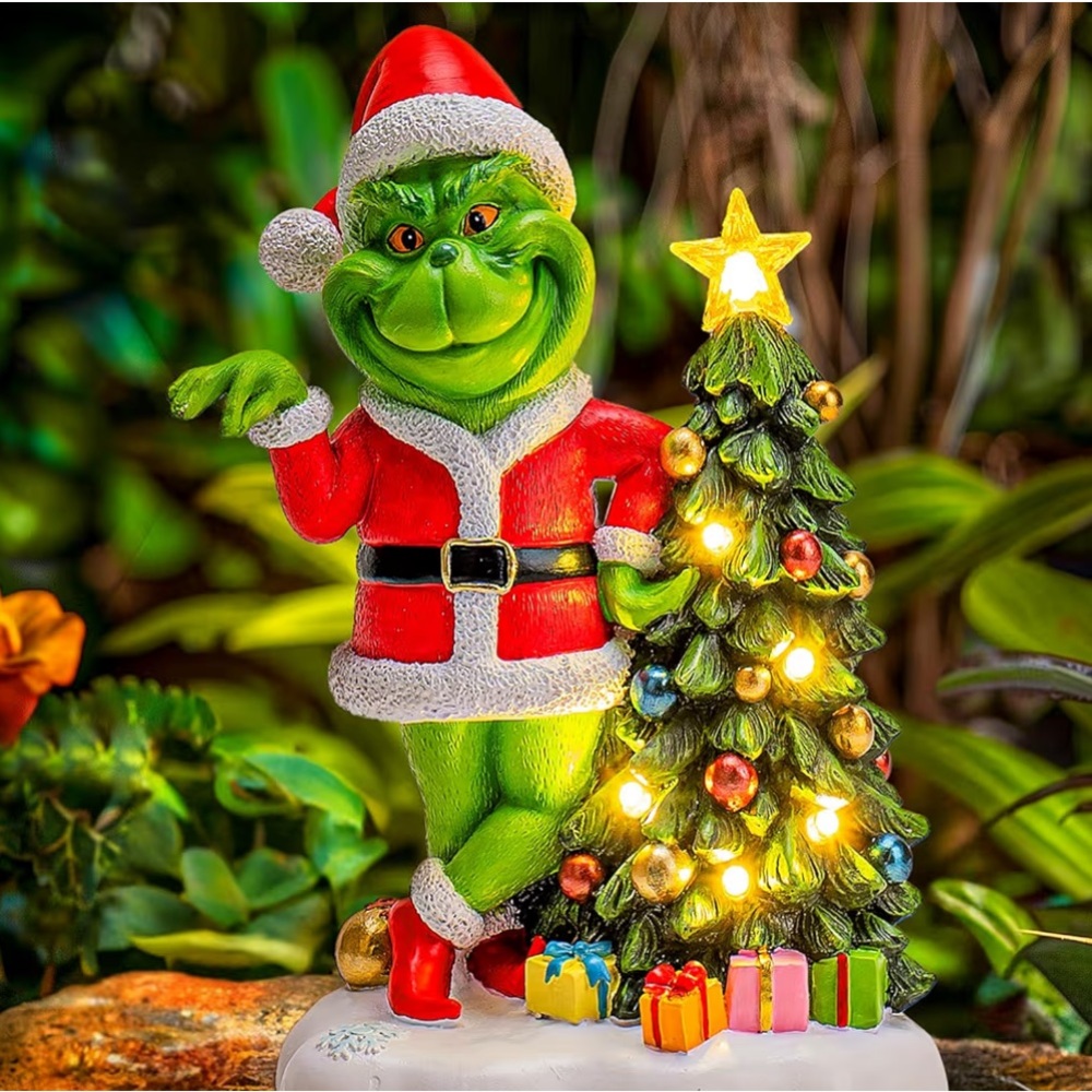 ••NEW Green Monster Solar Garden Statue Christmas Tree LED Lights Outdoor Grinch
